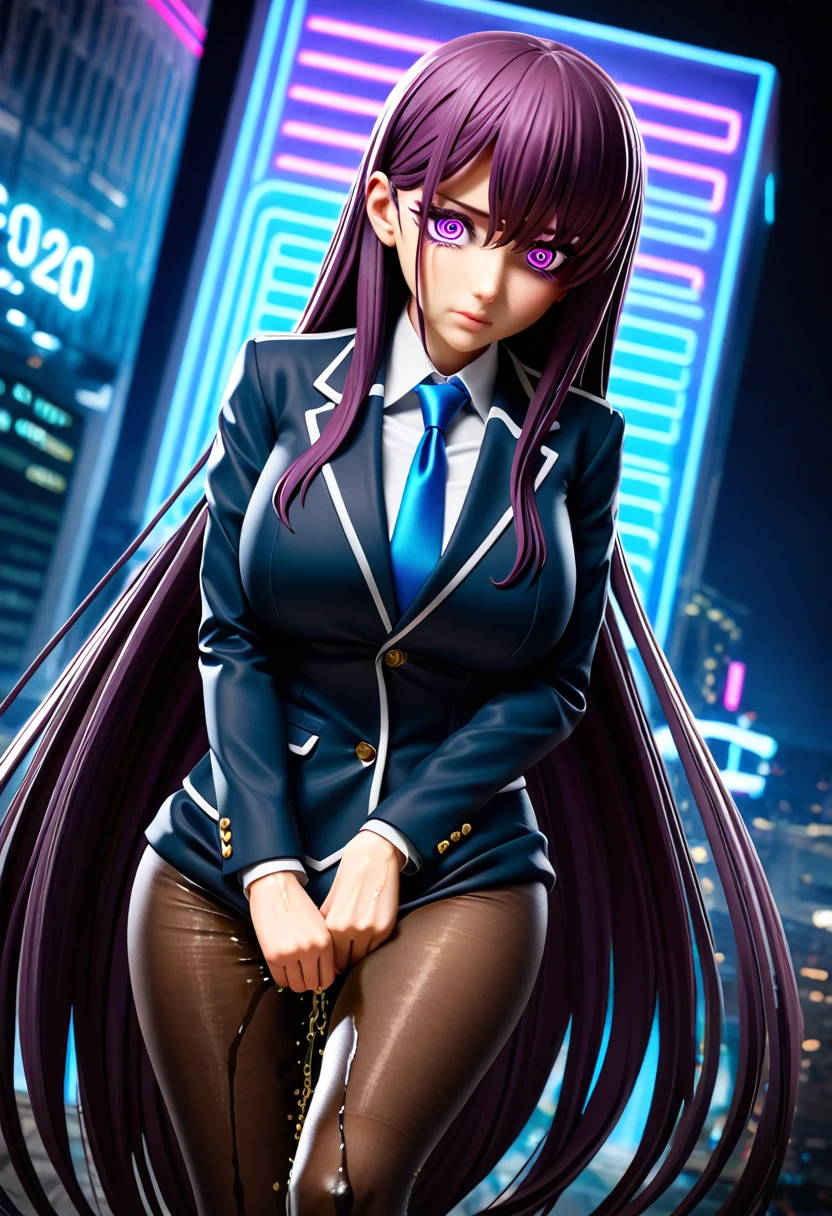 (masterpiece:1.37), best quality, (extremely detailed:1.37), woman, adult, mature, large breasts, (very long hair:1.5), dark purple hair, purple eyes, (extremely detailed eyes:1.37), business suit, necktie, long pencil skirt, pantyhose, (desperation:2.0), (wetting: self 3.0), standing, embarrassed, humiliation, blushing, angry, city, futuristic, neon lighting, high-tech