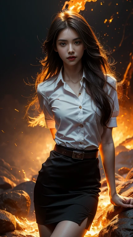 (fire element:1.1), knee shot, It consists of fire element,fire, transparency, burning, Frame print,burning hair,smoke,cloud,chopped, girl engulfed in flames, Flames fly and sparks scatter,mano burning,translucent luminescence, 18s woman in thai university uniform, long straight fire hair, white shirt, black tight mini skirt, brown belt, masterpiece:1.2, high detail, realistic, cinematic scene, fire goddess, slim and perfect figure, , perfect body proportion,k, 16k, close up, portrait photo, dynamic powerful sexy pose, dynamic compositions