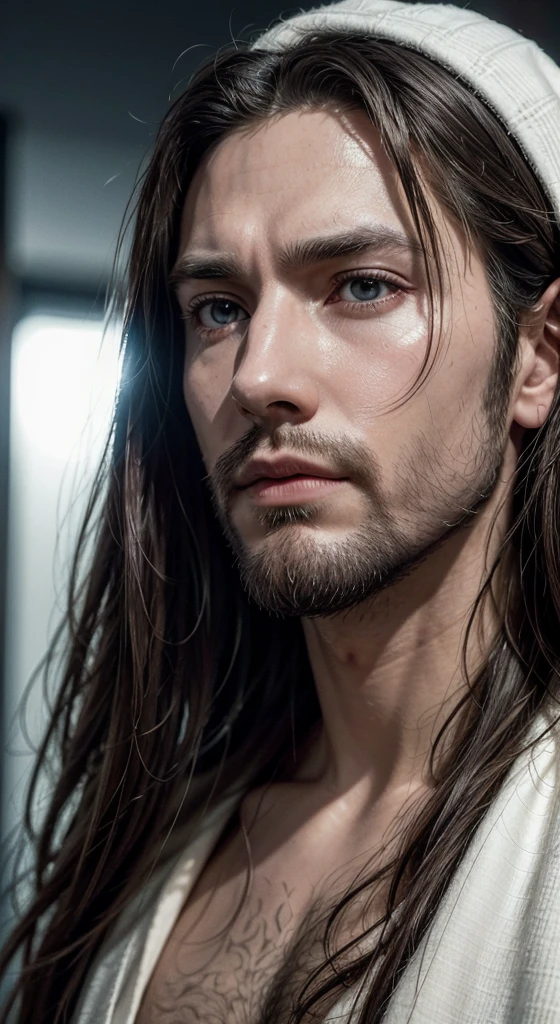 (symetry),centred,a ((Close  up)) above portrait,(jesus),a very thin white man, with long hair and beard,wearing a long white robe,35mm,skin natural,clothing detail, 8K texture, 8K, insane details, intricate details, hyperdetailedhighy detailed,realisitic,soft cinematic light,hdr,sharp focus, ((((cinematic appearance)))),intricate, chic, highy detailed