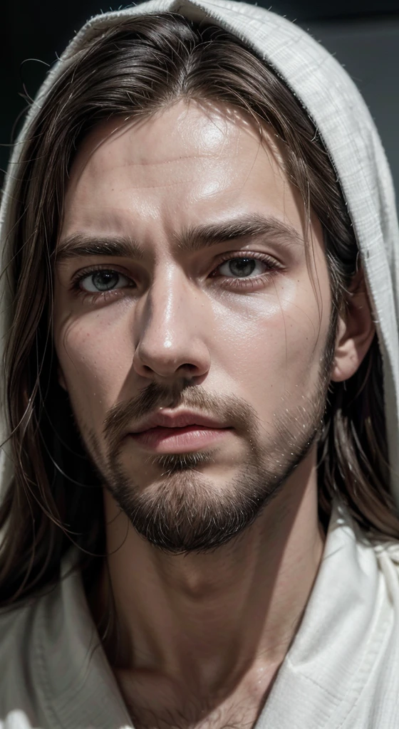 (symetry),centred,a ((Close up)) above portrait,(jesus),a very thin white man, with long hair and beard,wearing a long white robe,35mm,skin natural,clothing detail, 8K texture, 8K, insane details, intricate details, hyperdetailedhighy detailed,realisitic,soft cinematic light,hdr,sharp focus, ((((cinematic appearance)))),intricate, chic, highy detailed