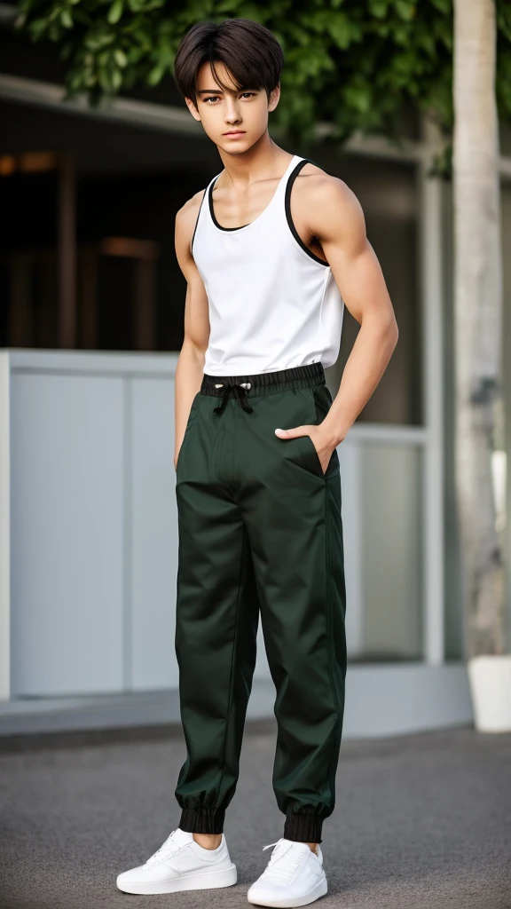 16 year old boy, 1.60 cm tall, dark green eyes, long dark brown hair, slim and muscular  ,wind breaker style and  long face, fighter  
Anime, dressed in a white tank top and long black trousers 
