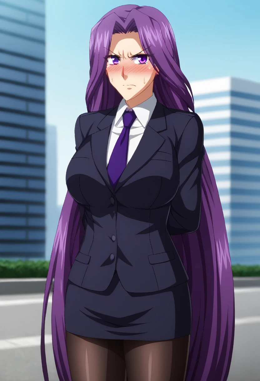 (masterpiece:1.37), best quality, (extremely detailed:1.37), woman, adult, mature, large breasts, (very long hair:1.5), dark purple hair, purple eyes, (extremely detailed eyes:1.37), business suit, necktie, long pencil skirt, pantyhose, (desperation:2.0), (wetting: self 3.0), standing, embarrassed, humiliation, blushing, angry, city, futuristic, neon lighting, high-tech