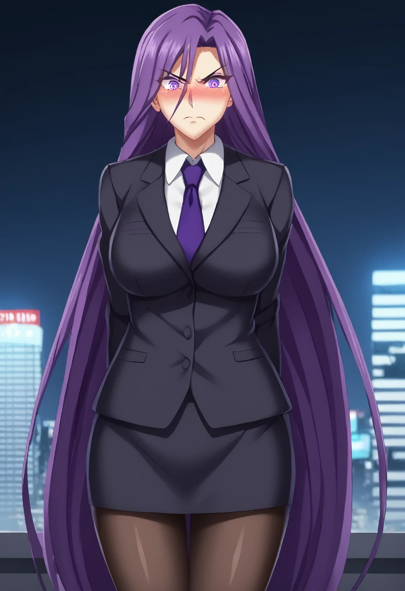 (masterpiece:1.37), best quality, (extremely detailed:1.37), woman, adult, mature, large breasts, (very long hair:1.5), dark purple hair, purple eyes, (extremely detailed eyes:1.37), business suit, necktie, long pencil skirt, pantyhose, (desperation:2.0), (wetting: self 3.0), standing, embarrassed, humiliation, blushing, angry, city, futuristic, neon lighting, high-tech