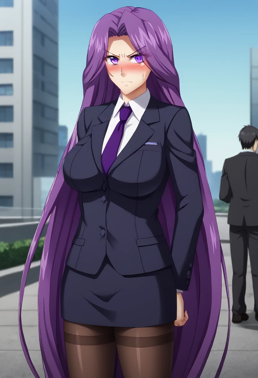 (masterpiece:1.37), best quality, (extremely detailed:1.37), woman, adult, mature, large breasts, (very long hair:1.5), dark purple hair, purple eyes, (extremely detailed eyes:1.37), business suit, necktie, long pencil skirt, pantyhose, (desperation:2.0), (wetting: self 3.0), standing, embarrassed, humiliation, blushing, angry, city, futuristic, neon lighting, high-tech