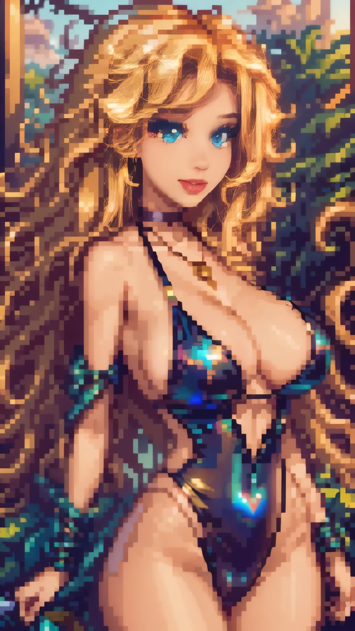 1girl, solo, (gorgeous woman) is a very sexy bimbo, light blue eyes, Huge breasts, fake , plastic surgery, detailed areola, thick nipples, detailed nipples, cylinder shaped nipples, hourglass body, firm thighs, toned body, firm butt, camel toe, full lips, glossy lips, hyper feminine, blond hair, Farrah Fawcett hair style, smooth skin, holographic slingshot swimsuit, leather choker with gold heart shaped pendant, White girl,