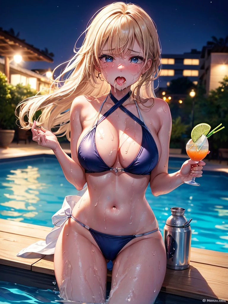 Highest quality,Highest Resolution,A crying beauty in a super high-cut swimsuit,Night Pool,Night view,up,Very beautiful eyes,(((Drink a drink))),(((Open your mouth and drool))),(((Sweat profusely)))Tears,Big Breasts,(((Tback)))