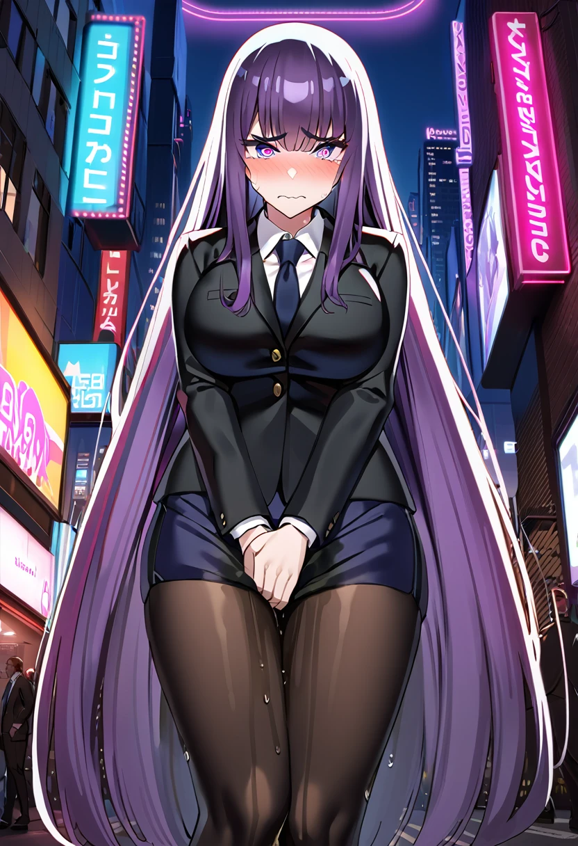 (masterpiece:1.37), best quality, (extremely detailed:1.37), woman, adult, mature, large breasts, (very long hair:1.5), dark purple hair, purple eyes, (extremely detailed eyes:1.37), business suit, necktie, long pencil skirt, pantyhose, (desperation:2.0), (wetting: self 3.0), standing, embarrassed, humiliation, blushing, angry, city, futuristic, neon lighting, high-tech