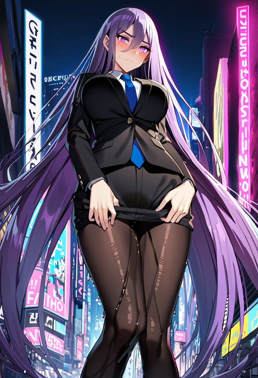 (masterpiece:1.37), best quality, (extremely detailed:1.37), woman, adult, mature, large breasts, (very long hair:1.5), dark purple hair, purple eyes, (extremely detailed eyes:1.37), business suit, necktie, long pencil skirt, pantyhose, (desperation:2.0), (wetting: self 3.0), standing, embarrassed, humiliation, blushing, angry, city, futuristic, neon lighting, high-tech