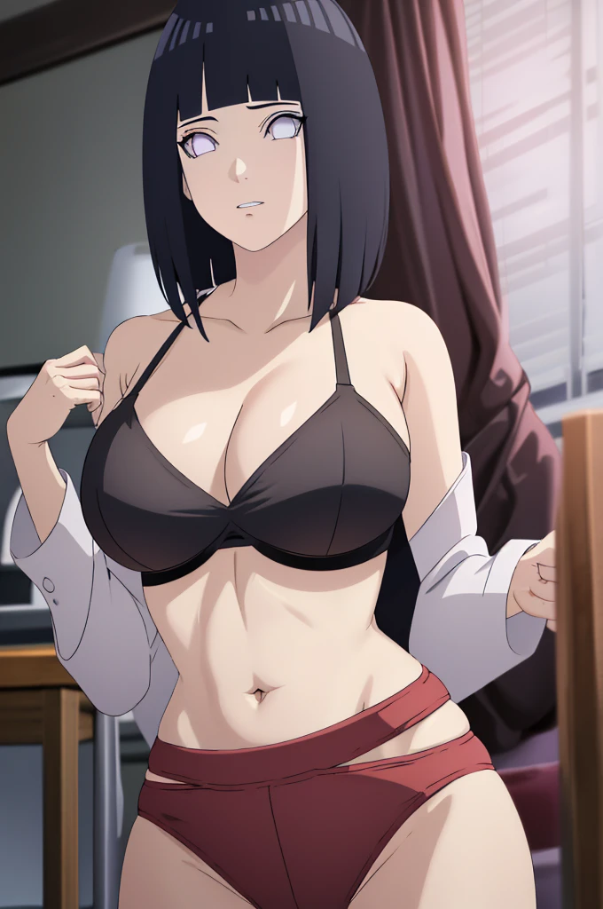 masterpiece, absurdres , (intricate details), (colorful),cinematic lighting,extremely detailed CG unity 8k wallpaper ,hinata\(boruto\), 1girl,solo, large breasts, (hinata, hyuuga hinata, purple eyes, blunt bangs, black hair) big breasts, perfect breasts, large breasts, round breasts, sexy body, slim waist, nice hips, skinny, nice thighs, black bra, cleavage, bare shoulders, collarbone, tight bra, underboob, slim waist, red bikini, bikini, hands behind head, plain background, photoshoot, body shot, white backdrop, perfect eyes, glowing eyes, beautiful eyes