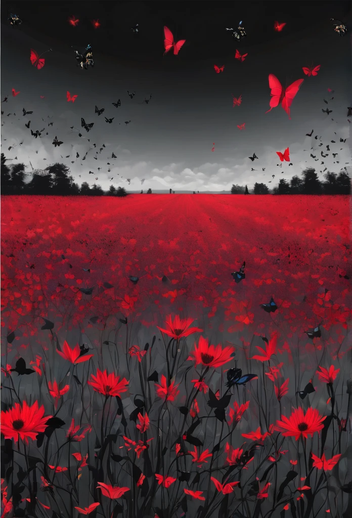 The background is a field of obscure black flowers with black butterflies, the sky is red.