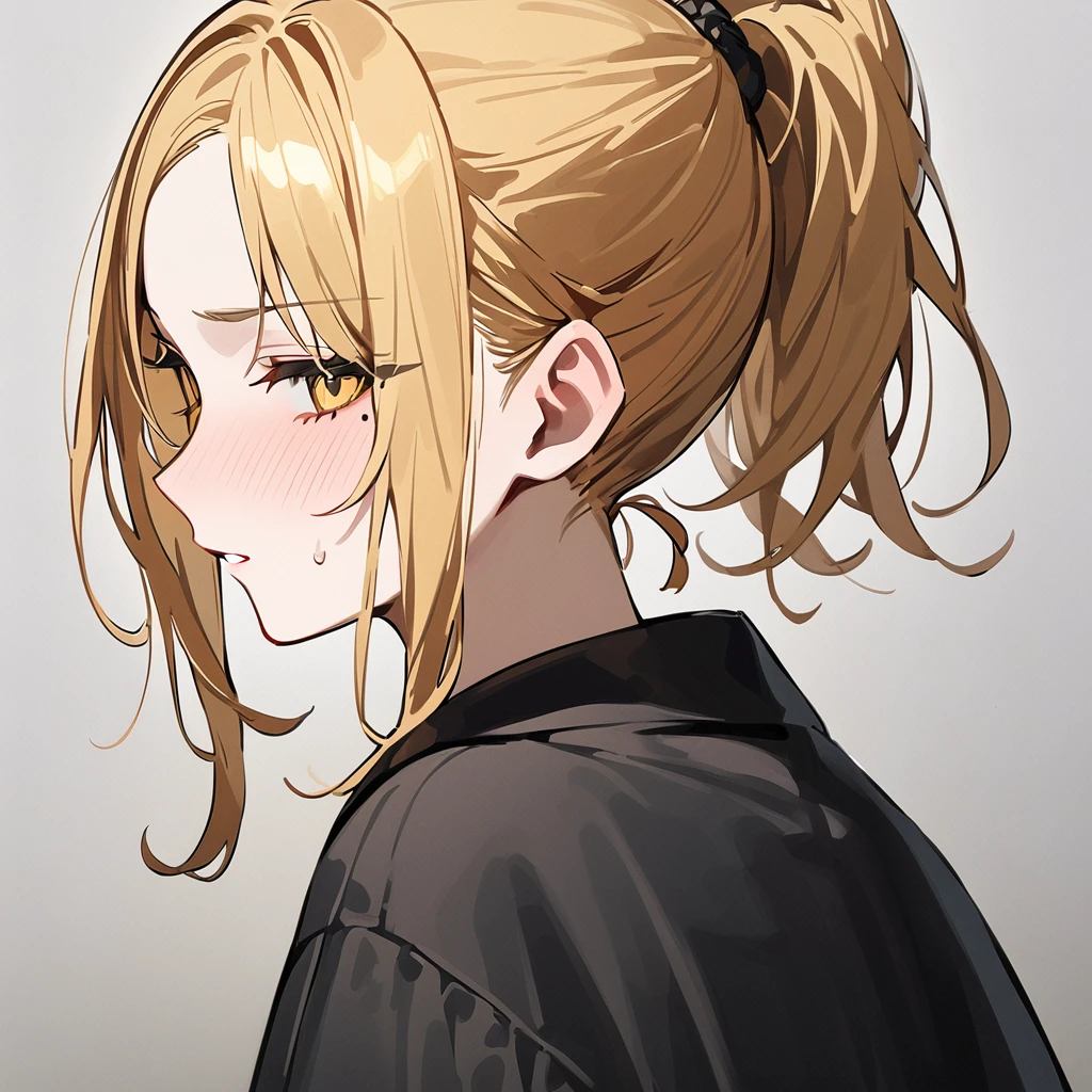 ((Best quality)), ((Masterpiece)), (Detailed), perfect face Tokyo Revengers style, blonde girl, orange-blonde hair, blonde, ponytail hairstyle, hair tied in a ponytail, Bright yellow eyes, sharp yellow eyes, Small mole under the eye, Little black mole, Calm looks, Tsundere