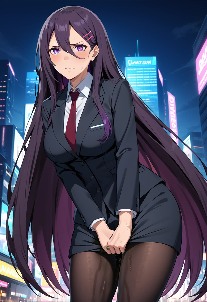 (masterpiece:1.37), best quality, (extremely detailed:1.37), woman, adult, mature, large breasts, (very long hair:1.5), dark purple hair, purple eyes, (extremely detailed eyes:1.37), business suit, necktie, long pencil skirt, pantyhose, (desperation:2.0), (wetting: self 3.0), standing, embarrassed, humiliation, blushing, angry, city, futuristic, neon lighting, high-tech