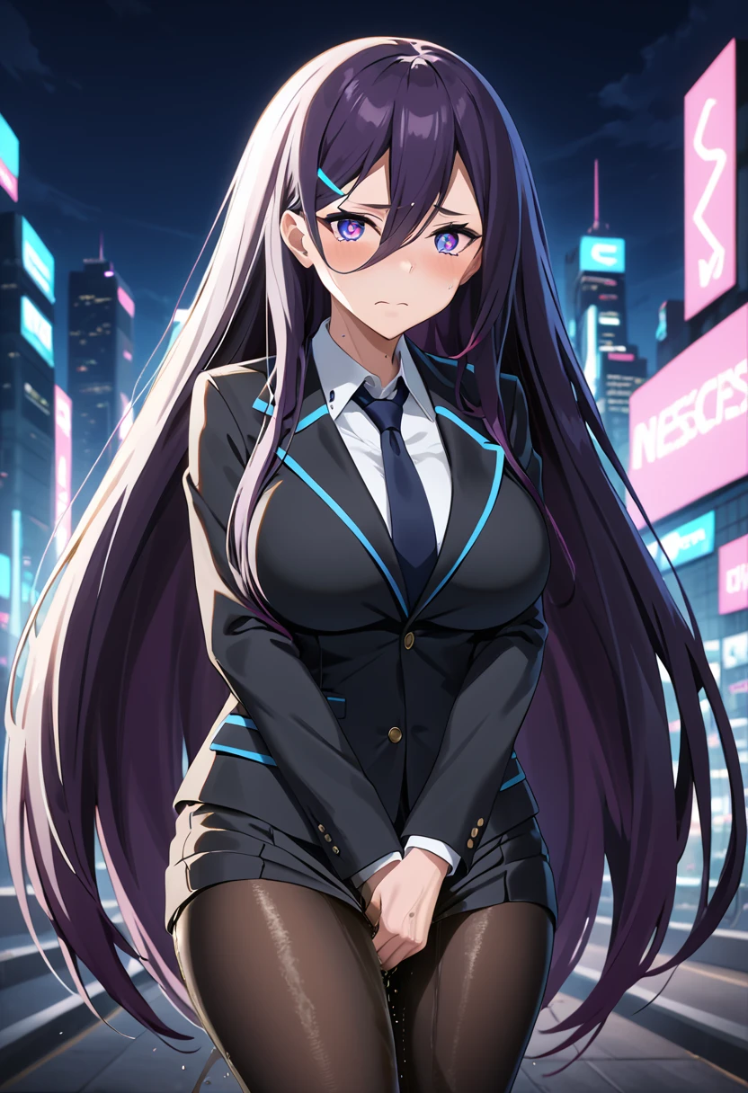 (masterpiece:1.37), best quality, (extremely detailed:1.37), woman, adult, mature, large breasts, (very long hair:1.5), dark purple hair, purple eyes, (extremely detailed eyes:1.37), business suit, necktie, long pencil skirt, pantyhose, (desperation:2.0), (wetting: self 3.0), standing, embarrassed, humiliation, blushing, angry, city, futuristic, neon lighting, high-tech