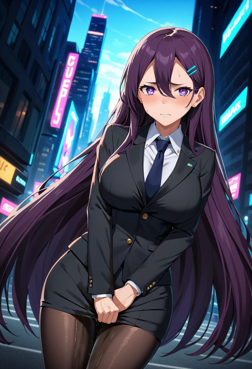 (masterpiece:1.37), best quality, (extremely detailed:1.37), woman, adult, mature, large breasts, (very long hair:1.5), dark purple hair, purple eyes, (extremely detailed eyes:1.37), business suit, necktie, long pencil skirt, pantyhose, (desperation:2.0), (wetting: self 3.0), standing, embarrassed, humiliation, blushing, angry, city, futuristic, neon lighting, high-tech