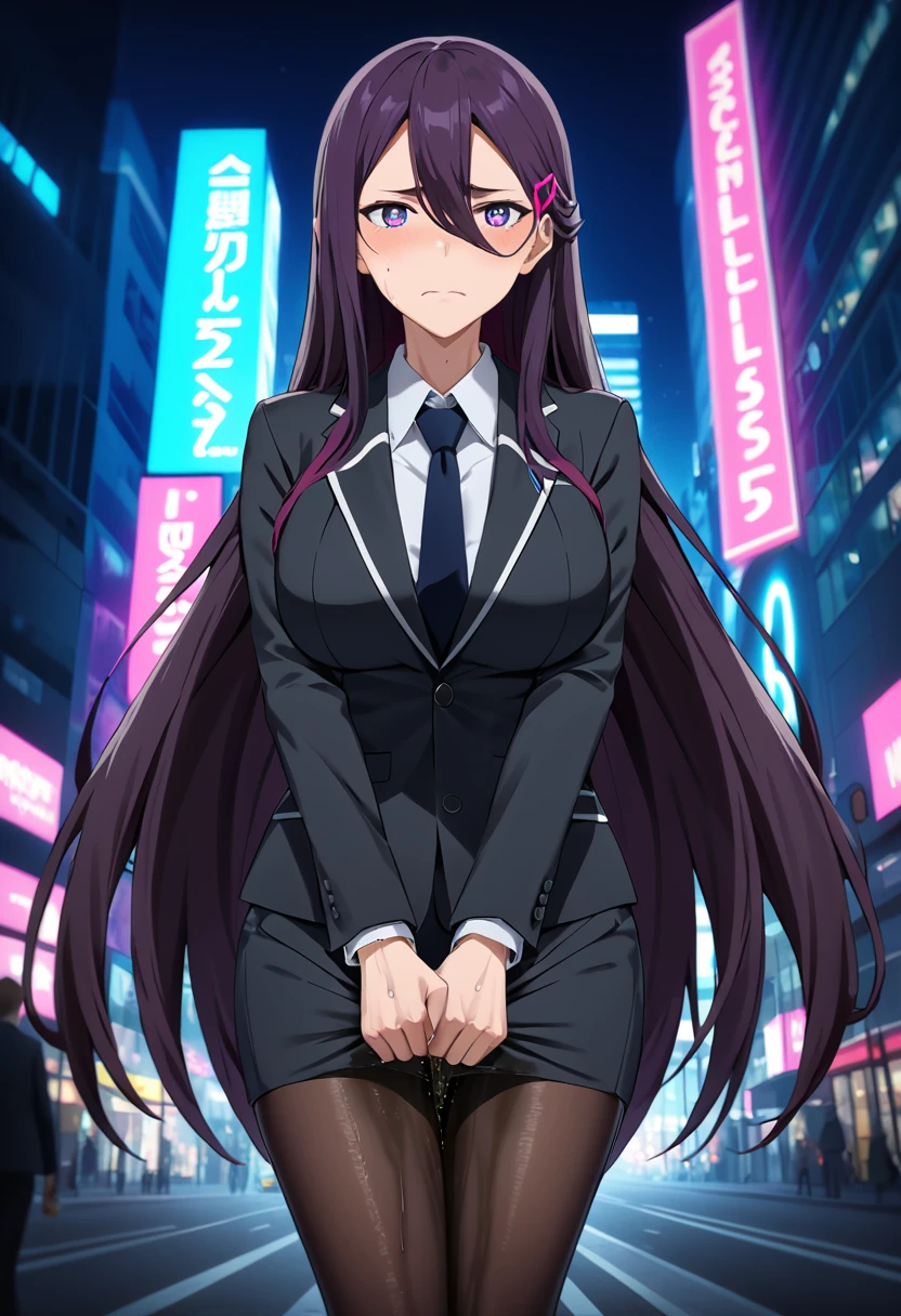 (masterpiece:1.37), best quality, (extremely detailed:1.37), woman, adult, mature, large breasts, (very long hair:1.5), dark purple hair, purple eyes, (extremely detailed eyes:1.37), business suit, necktie, long pencil skirt, pantyhose, (desperation:2.0), (wetting: self 3.0), standing, embarrassed, humiliation, blushing, angry, city, futuristic, neon lighting, high-tech