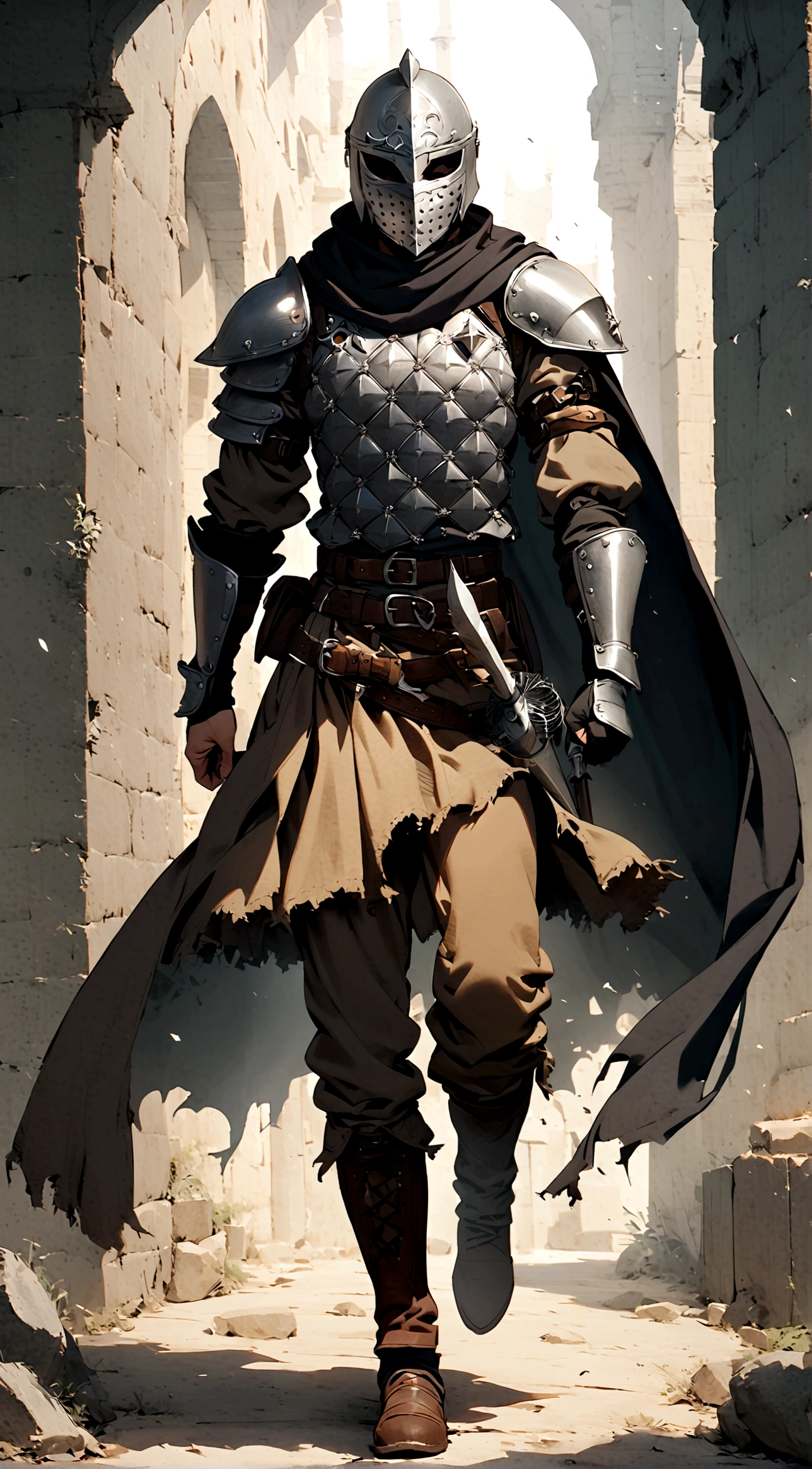 1boy, armor, light armor, gambeson, chainmail, brown pants, boots, copper armor, chestplate, bandolier, belts, shoulder plates, light shoulder armor, arm armor, leg armor, ragged cloak, ragged shouldercape, ragged skirts, black skirts, tattered scarf, black scarf, plain mask, fencing, rapier, buckler, Height=1.83m, BodyType=slim fit, masked, helmet, bandages, Middle Eastern inspiration, sultan's guard, mysterious appearance