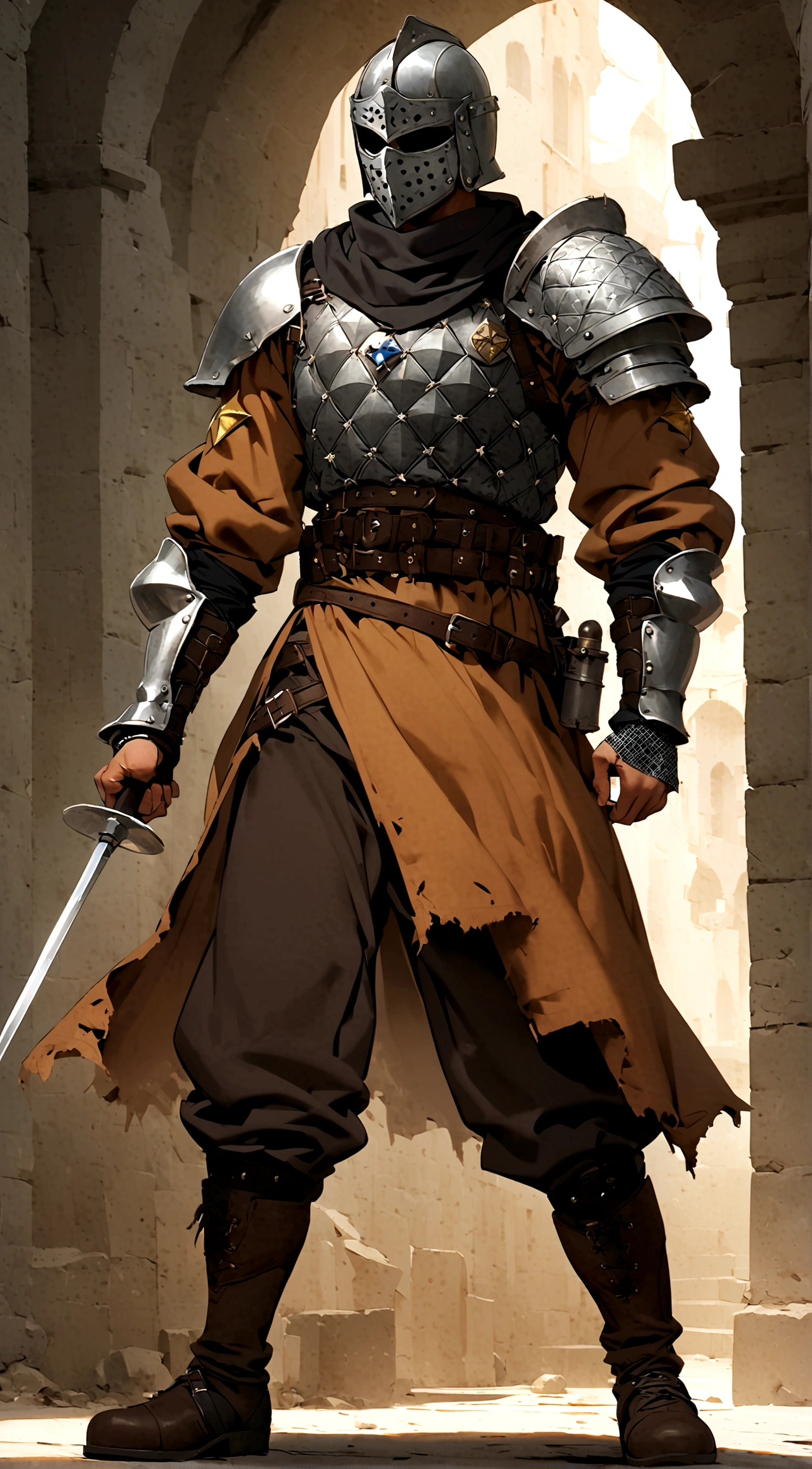 1boy, armor, light armor, gambeson, chainmail, brown pants, boots, copper armor, chestplate, bandolier, belts, shoulder plates, light shoulder armor, arm armor, leg armor, ragged cloak, ragged shouldercape, ragged skirts, black skirts, tattered scarf, black scarf, plain mask, fencing, rapier, buckler, Height=1.83m, BodyType=slim fit, masked, helmet, bandages, Middle Eastern inspiration, sultan's guard, mysterious appearance
