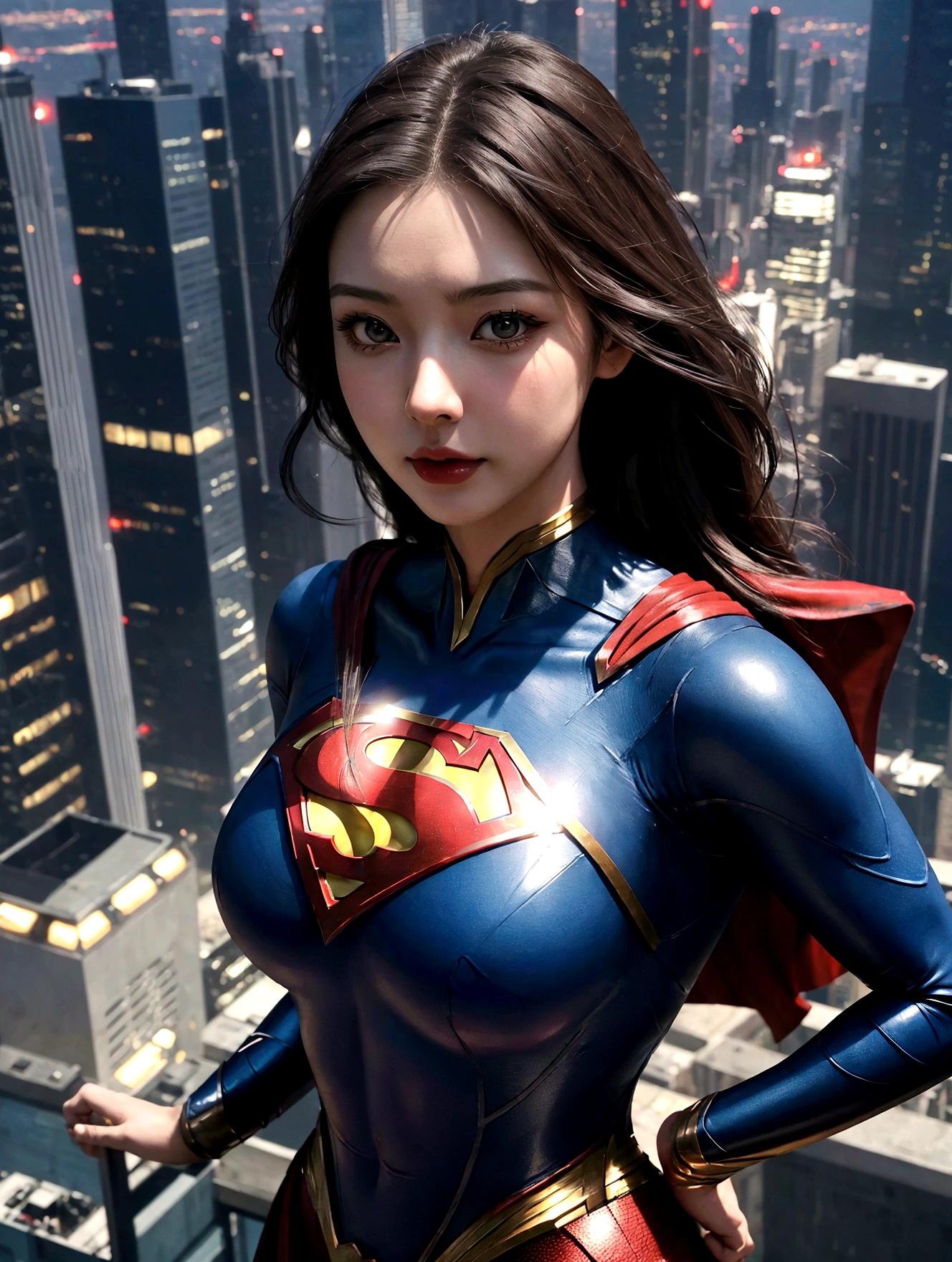 a close up of a asia woman in a superman costume standing on a cityscape, amouranth as a super villain, super photo realistic, realistic cosplay, super photo-realistic, ultra mega super hyper realistic, super-hero girl, super realistic photo, superhero body, highly detailed giantess shot, supergirl, superhero, superhero portrait, super model, super hero, super photorealistic, gigantic breasts, showing Vulvas muscular body, sexy body,
