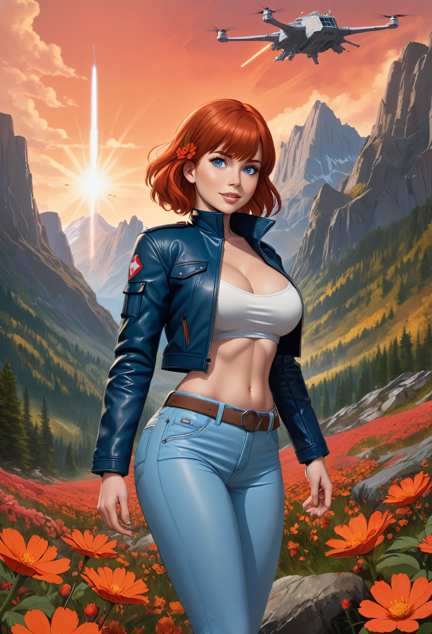 (Star Wars:1.5), (3d anime style:1.5). (zoomed out, very far shot, full body:1.3). A chuckling, (perfect teeth:1.3) ecstatic nubile muscular young 20 year old (Canadian:1.3) woman with short straight bangs red hair,, blue eyes, (large breasts:1.3), muscular ass, (perfect hands:1.3). She is wearing (light blue leather jacket and pants, platform heels:1.1). She is suggestively standing facing towards camera, in a glen with crags and small mushrooms in the background, rocky landscape with (camoflauge leaves:1.5), (red flowers:1.5) and (orange sky:1.5) with (nebula overhead:1.5). noon, sunny. cinematic lighting, vibrant colors, detailed skin texture, detailed cloth texture, beautiful detailed perfect face, intricate sharp details, ultra high res