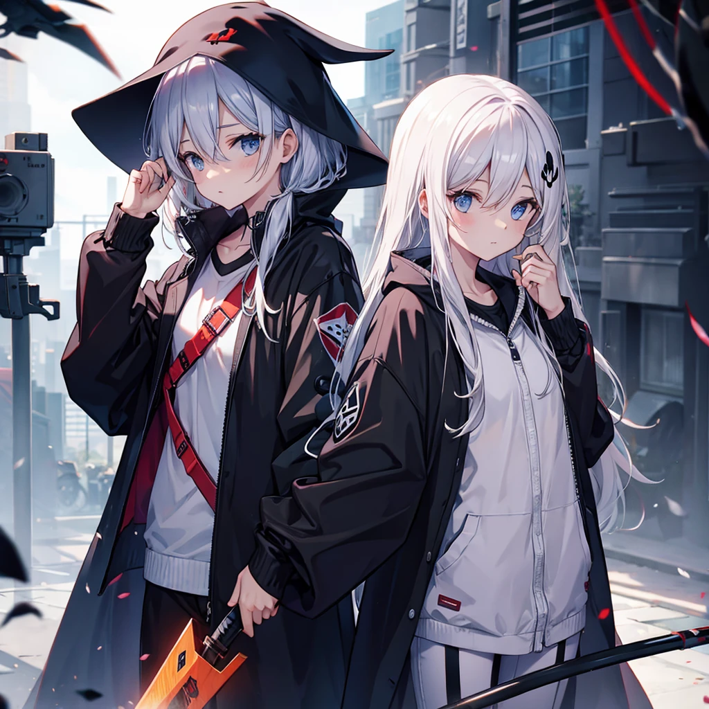(((grim Reaper's size))) (((Gray Hair short hair blue eyes girl))),((night full moon My own big wings)),(Wearing a hood Black camisole Purple light), A tense look Shining Background Shining Edges