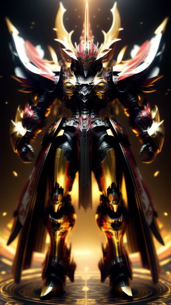 High resolution, golden black red armor, psychedelic details, chaos details, high tech design, show full body portrait , chrome, mushroom, skeleton