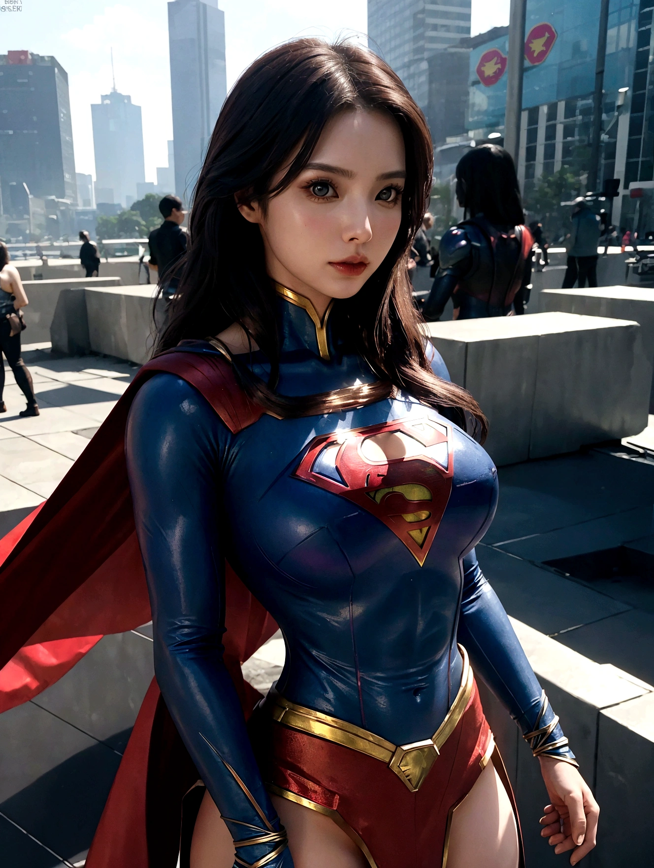 a close up of a asia woman in a superman costume standing on a cityscape, amouranth as a super villain, super photo realistic, realistic cosplay, super photo-realistic, ultra mega super hyper realistic, super-hero girl, super realistic photo, superhero body, highly detailed giantess shot, supergirl, superhero, superhero portrait, super model, super hero, super photorealistic, gigantic breasts, showing Vulvas muscular body, sexy body,
