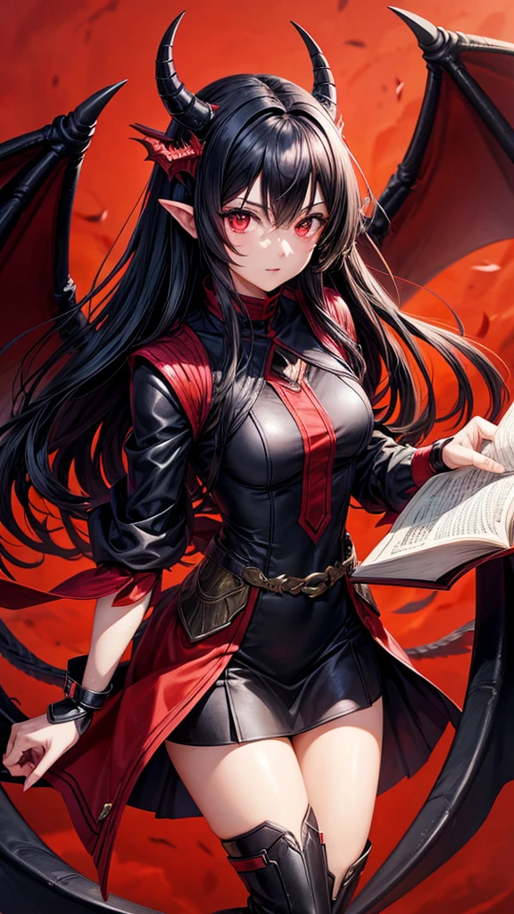 Book cover of  a Black haired anime girl with red dragon like eyes 