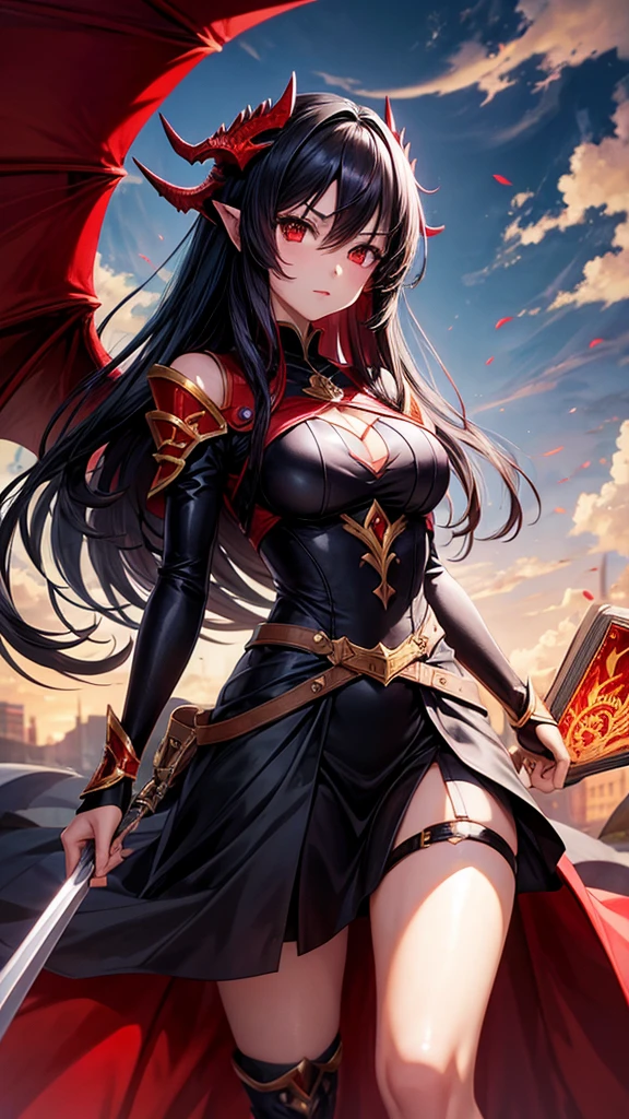 Book cover of  a Black haired anime girl with red dragon like eyes 