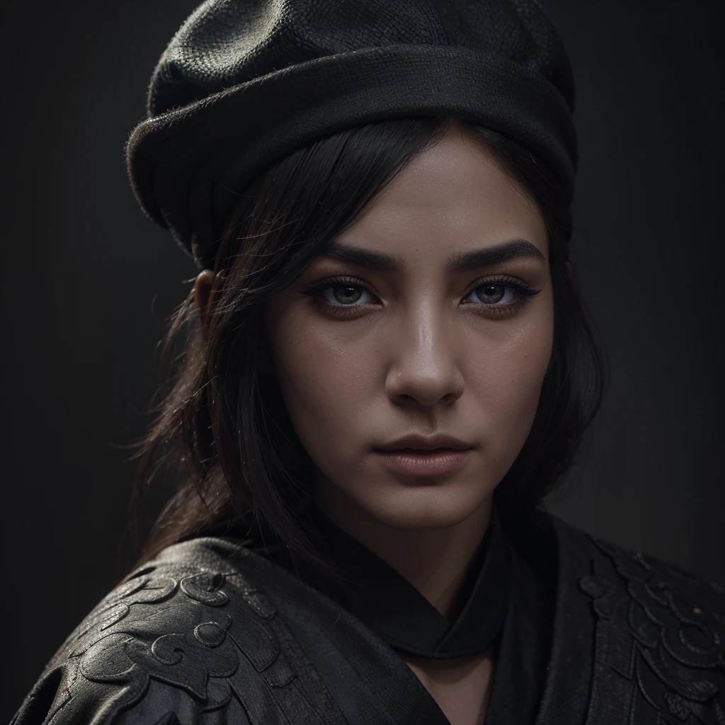a mysterious martial arts master, wearing a hat and a warrior's robe with a pattern, beautiful detailed eyes, beautiful detailed lips, extremely detailed eyes and face, long eyelashes, regal pose, cinematic lighting, digital painting, fantasy art, dark moody colors, dramatic lighting