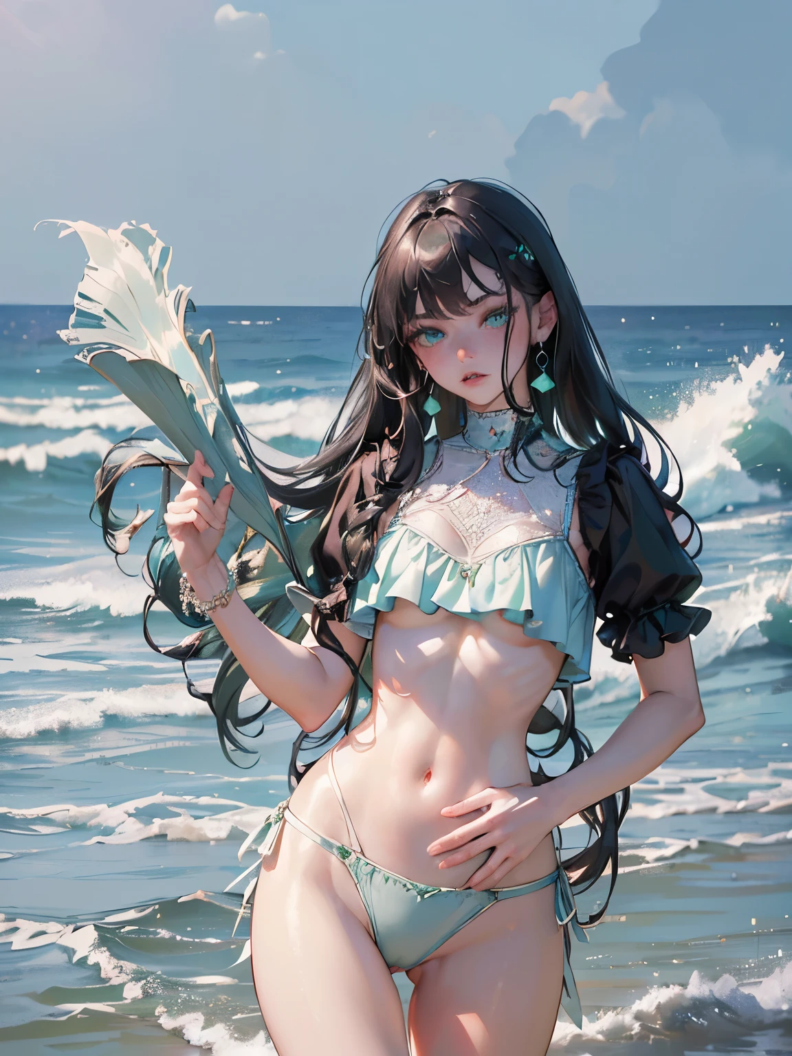 ((dark fantasy)), ((wavy hair, silver hair color, pale skin),(((green aquamarine eyes))), freckles, warm light,( ),busty,Glamour,Gorgeous,monochromes,erotic posing,Dynamic Posing,Arrange Pose,Dramatic,Cinematic,Detailed background, Dynamic Angle,From the angle of the film,Gothic background, Dark fantastic view,Best Quality,masutepiece,8K,The ultimate detailed dark background, Top image quality、RAW photography、超A high resolution,cropped shoulders, overall look is very erotic、Shot for one person only, model shoot, Large round chest, Beautiful Eyes of Details、Very slender eyes、Beautiful eyelashes、Very slim physique, with blush cheeks,Pearl Beaded Bralet Top, ((pearl top)), opal pearl in hand