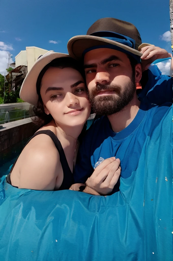 there is a man and a woman , the man has a hat, , close up to faces, high view, ultra realistic