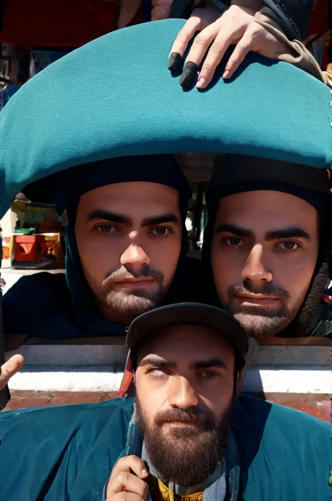 there is a man and a woman , the man has a hat, , close up to faces, high view, ultra realistic