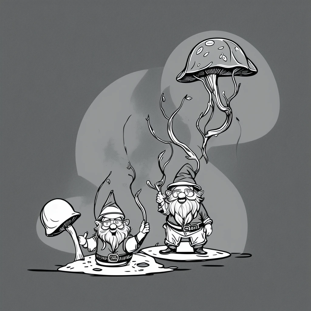 Happy gnome sitting on large mushroom, laughing gnome, transparent background, logo style, black and white, basic drawing, stencil style, illustration