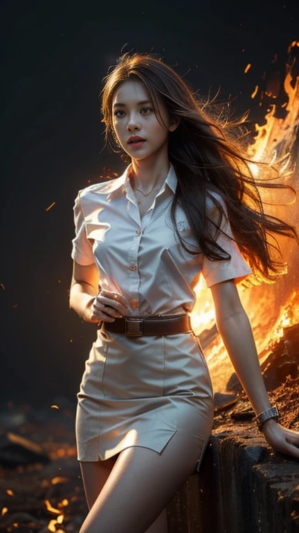(fire element:1.1), knee shot, It consists of fire element,fire, transparency, burning, Frame print,burning hair,smoke,cloud,chopped, girl engulfed in flames, Flames fly and sparks scatter,mano burning,translucent luminescence, 18s woman in thai university uniform, long straight fire hair, white short-sleeve shirt, black tight mini skirt, brown belt, masterpiece:1.2, high detail, realistic, cinematic scene, fire goddess, slim and perfect figure, , perfect body proportion,k, 16k, close up, portrait photo, dynamic powerful sexy pose, dynamic compositions