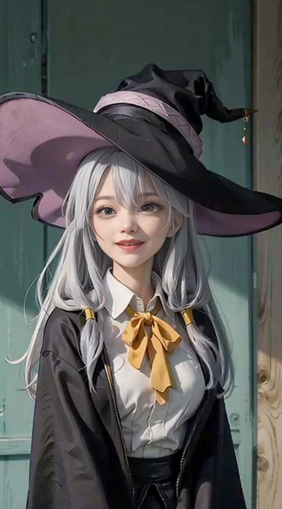 In the lyrics,Witch Hat,Black Robe,Collared shirt,Yellow ribbon,A light smile,Large Breasts,Highest quality, Gray Hair