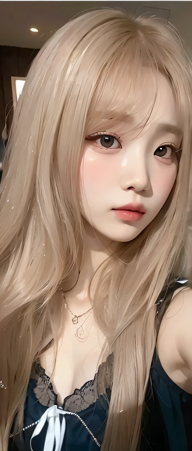 Face identical to that of Chaewon from Le Sserafim, full lips, doll nose, light eyebrows, pale skin, big breasts, huge breasts 