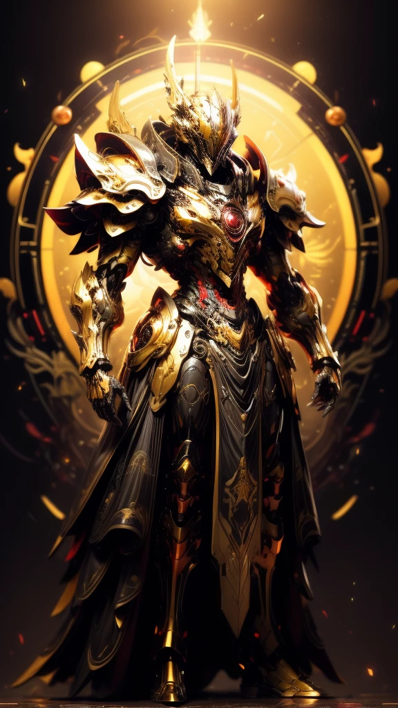 High resolution, golden black red armor, psychedelic details, chaos details, high tech design, show full body portrait , chrome, mushroom, skeleton