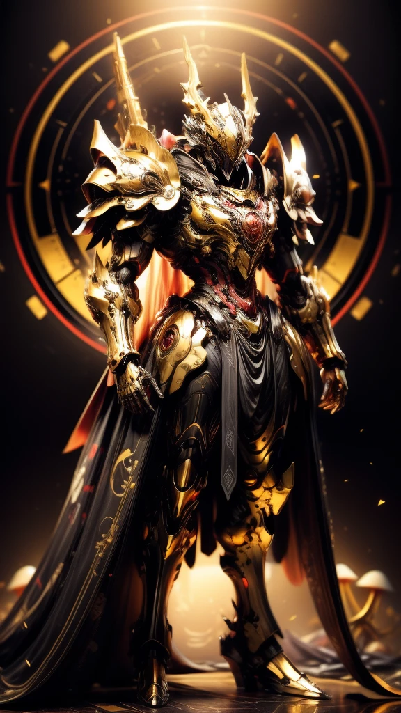 High resolution, golden black red armor, psychedelic details, chaos details, high tech design, show full body portrait , chrome, mushroom, skeleton