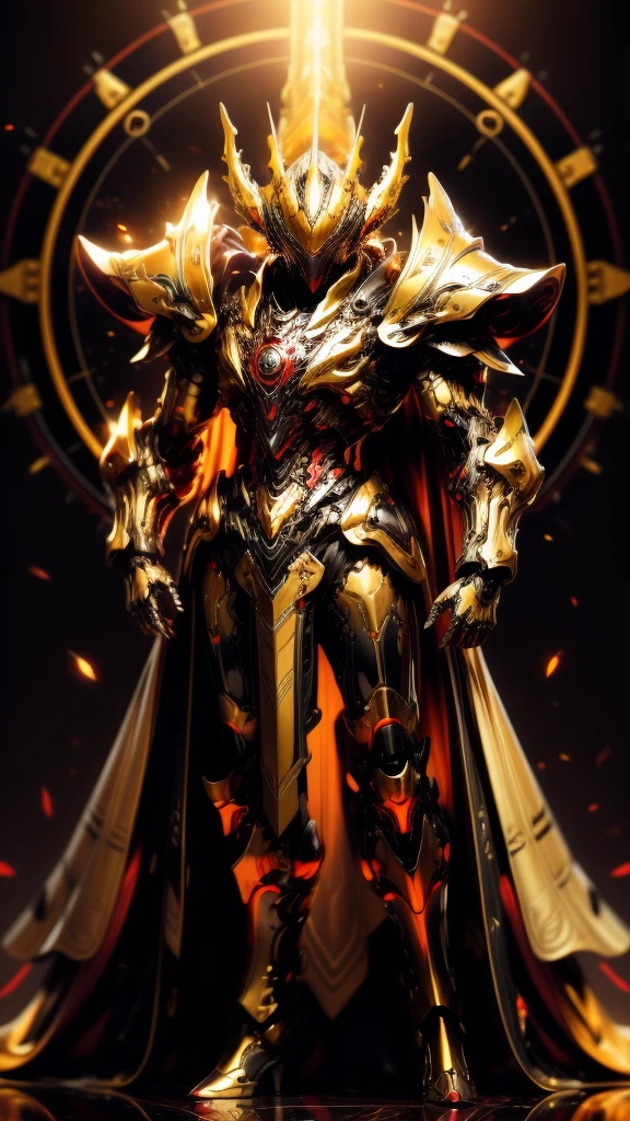 High resolution, golden black red armor, psychedelic details, chaos details, high tech design, show full body portrait , chrome, mushroom, skeleton