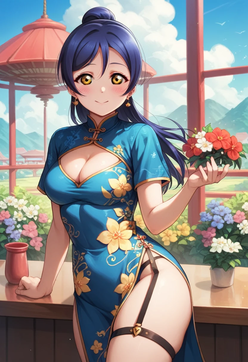 Masterpiece, best quality,Solo, cowboy shot,Sonoda umi love live, Chinese dress, cleavage cutout, flowers printed, day,golden eyes,(blushing:1.2),high side slit , thighs , restaurant , underwear straps