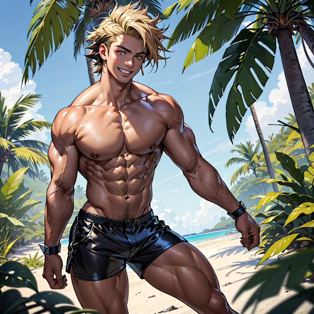 8k_wallpaper, extremely detailed eyes, extremely detailed body, (large masterpiece digital art), ((perfect anatomy huge chest)), (intricate details:1.3), (ultra-detailed:1.3), (sharp focus:1.3), (natural lighting:1.05), (vivid colors:1.3), (best quality:1.4), high quality, expressive eyes, full body, tall girl, detailed face, beautiful face, perfect face, young Korean woman with golden eyes and a tail of lush yellow sandy hair, a predatory smile, a grin, tanned dark bronze skin, huge chest, powerful sculpted abdominal muscles, powerful sculpted leg muscles, powerful sculpted thigh muscles, powerful sculpted arm muscles, dressed in tight leather shorts, naked breasts with large nipples, nipple piercings, large gold rings, training in a dense tropical forest against the backdrop of a distant beach and an old galleon,