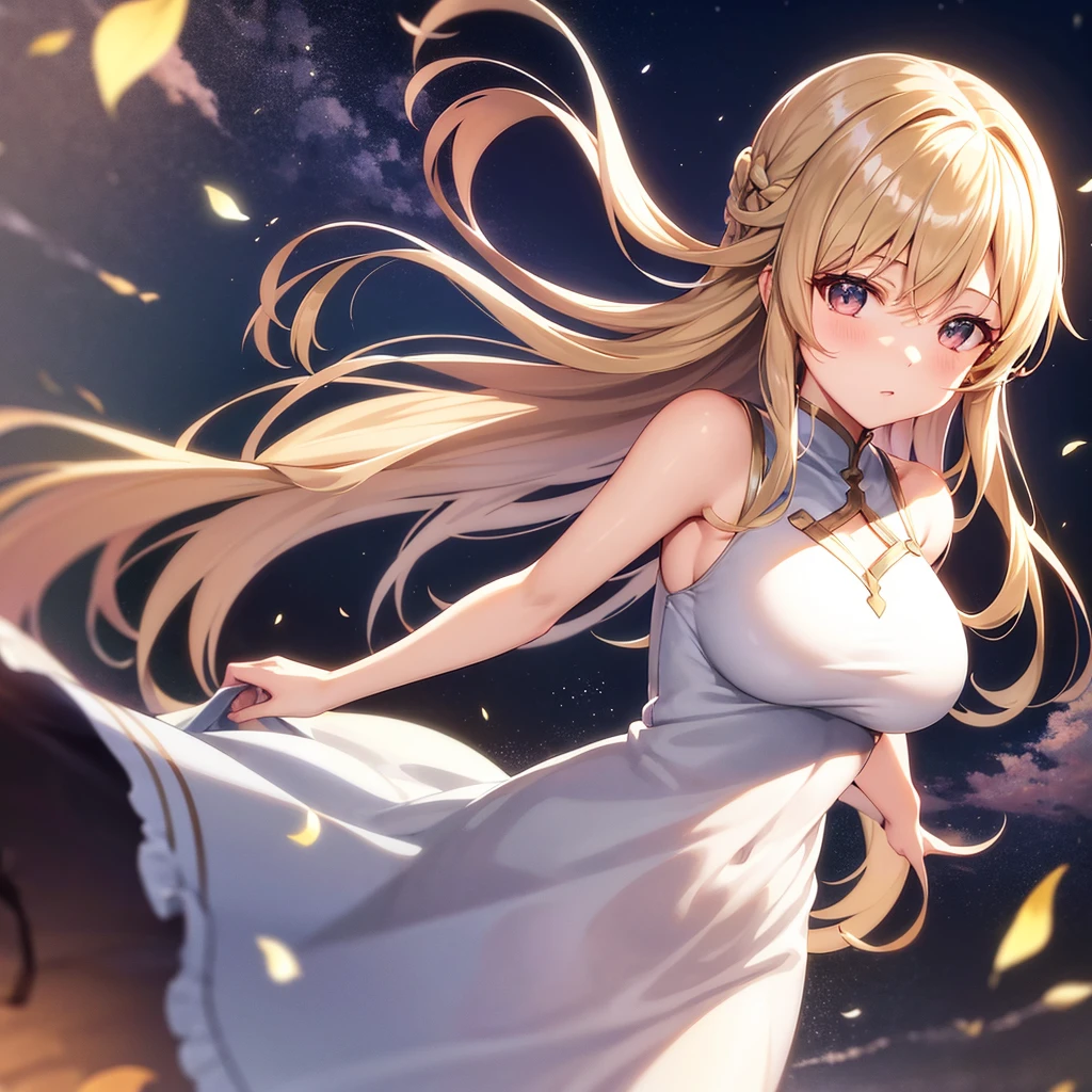 asuna,sao, crown half up hairstyle,, Girls' Front, leaning forward, girlan extremely delicate and beautiful girl, shiny platinum blonde hair, happy, large breasts, dress, overexposure, dusk sky,