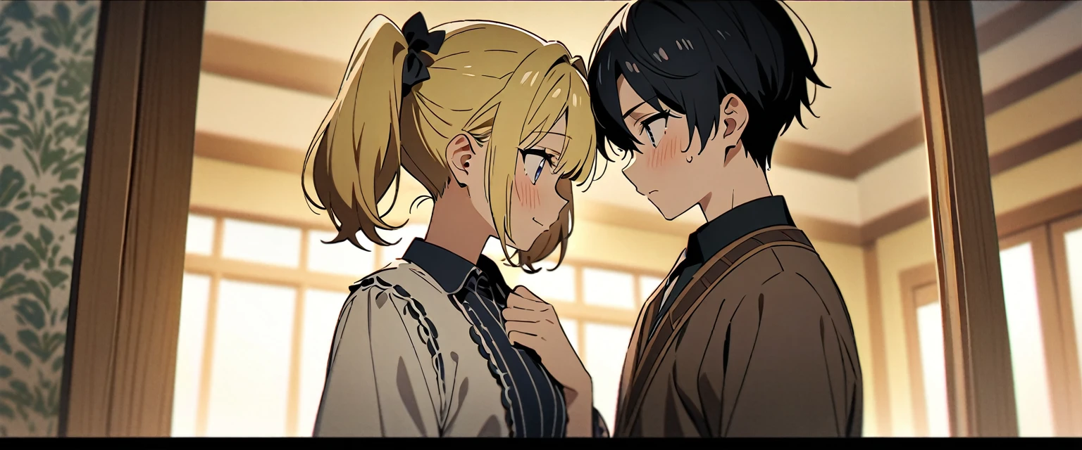 (((masterpiece,Highest quality))),((There is no one else but these two)),(((An anime woman with black hair in twin tails, wearing Lolita fashion, with dull eyes and a sickly expression))),(((A blonde anime guy with a bad look and rock-style fashion))),((Two people are facing each other and arguing in the living room of a Western-style room.)),Focus on people,(high quality),アニメ