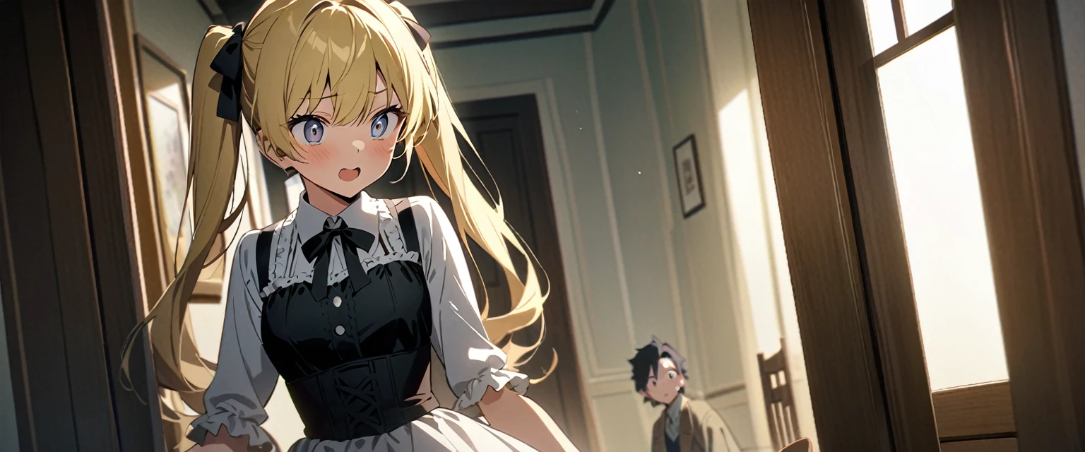 (((masterpiece,Highest quality))),((There is no one else but these two)),(((An anime woman with black hair in twin tails, wearing ta fashion, with dull eyes and a sickly expression))),(((A blonde anime guy with a bad look and rock-style fashion))),((Two people are facing each other and arguing in the living room of a Western-style room.)),Focus on people,(high quality),アニメ