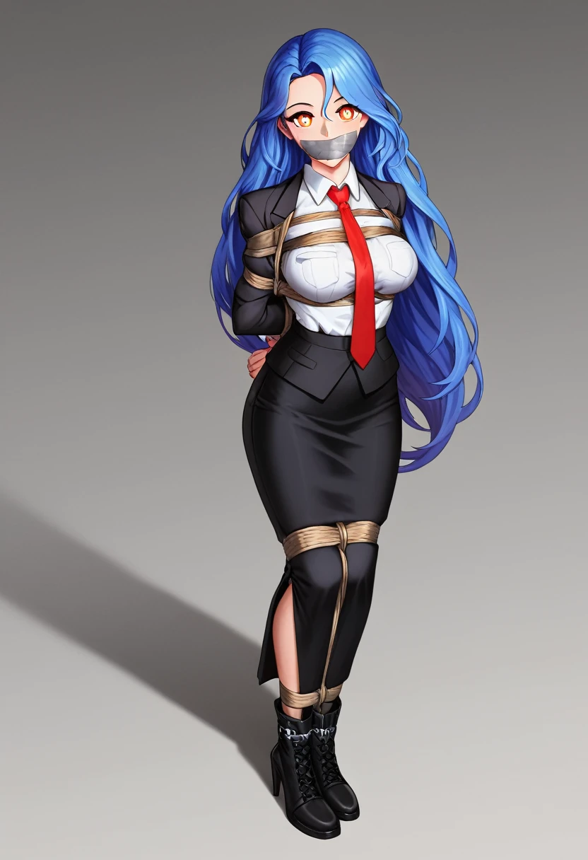 en, (bound with an excessive amount of ropes), (bound wirsts), (arms behind back), (tapegag, tape gag), dramatic, (looking at viewer), (detailed pupils:1.3) ,perfect famale body,The character has distinctive fish ears, suggesting a non-human or fantasy origin. She is dressed in a formal outfit consisting of a black blazer, a white shirt, a red tie, and a white skirt that flares out slightly at the bottom. She also wears black boots. The character's expression appears happy , and she is standing ,long skirt, pencil skirt ,long hair,blue hair,