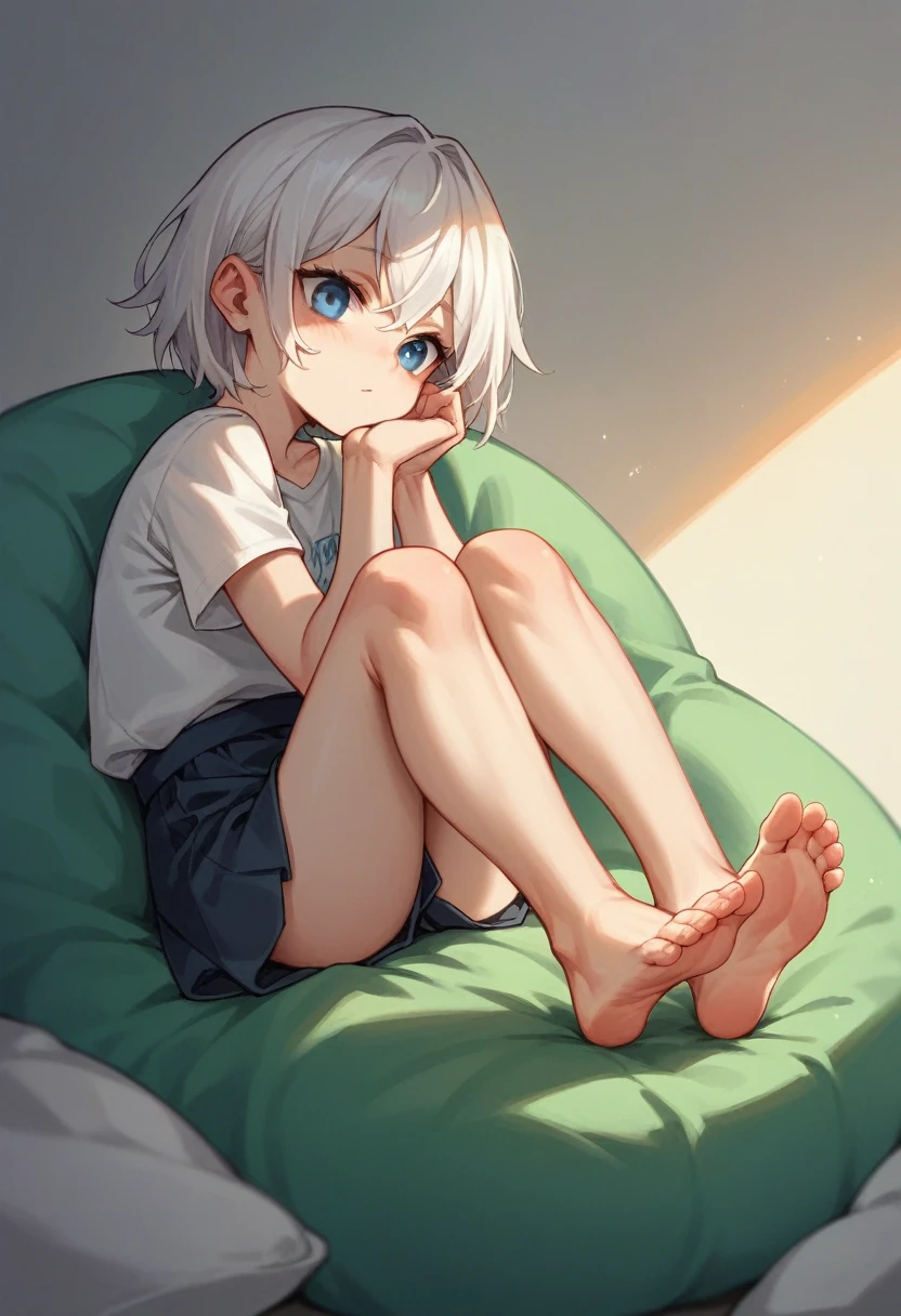  young, white hair, blue eyes, feet