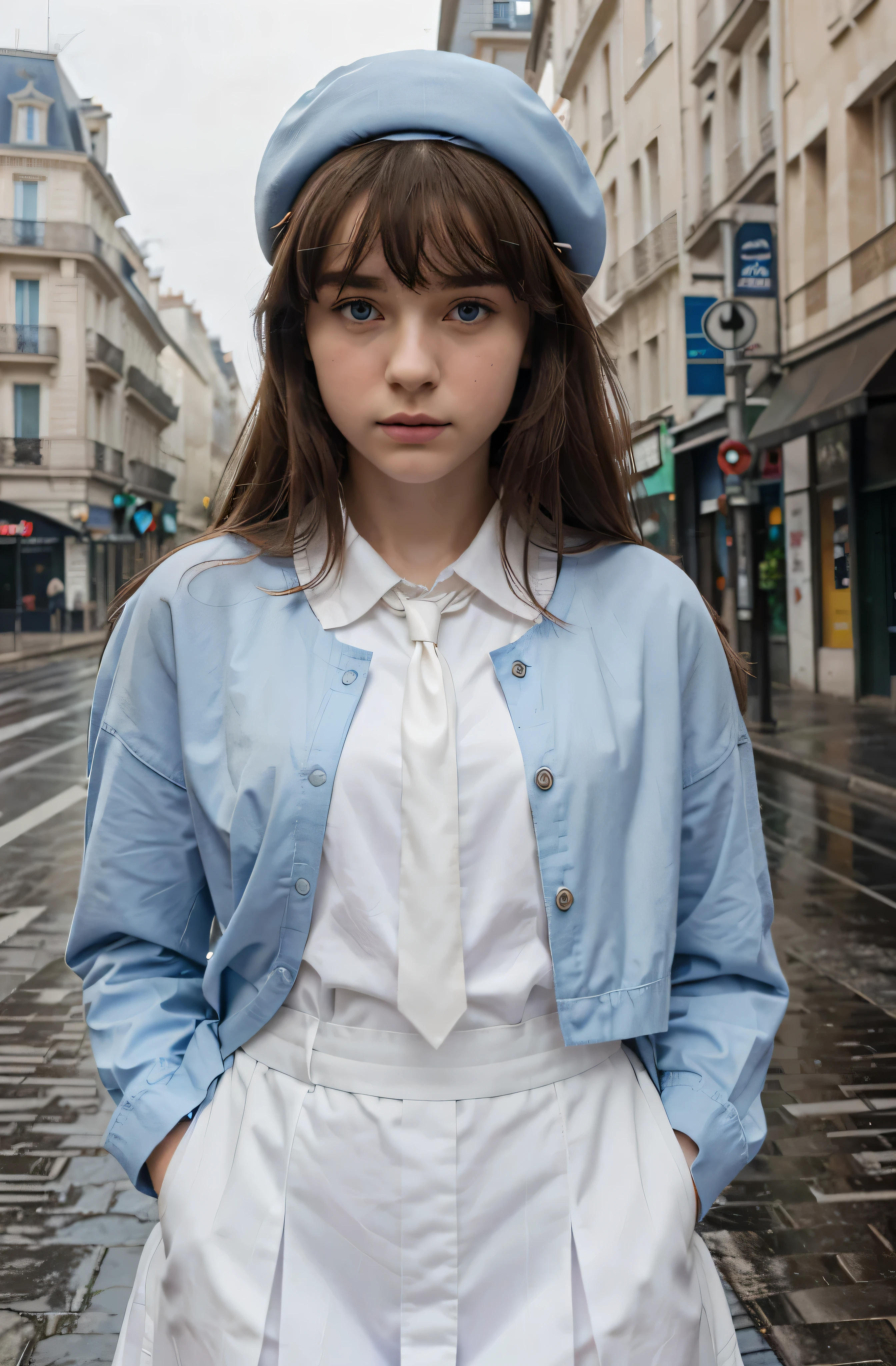 (best quality,hyper-realistic,ultra-detailed,8k), teenager, , shy, sad, paleness, big blue eyes, very white skin, small nose, very short brown hair with bangs, melancholy, delicate, feminine, skinny, elegant school blue uniform, french pink Beret, strapped tie, empty street, brilliant day, rain, Paris, Eiffel tower.