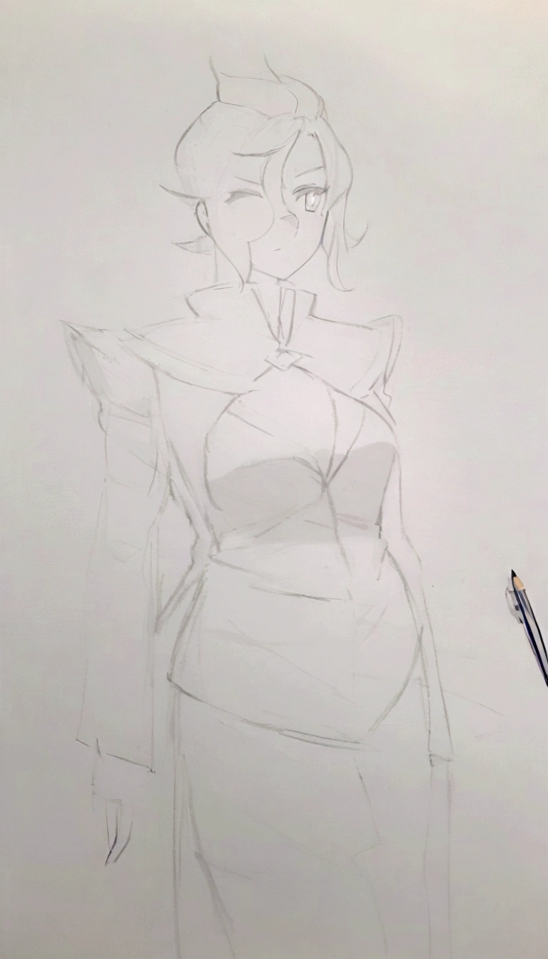 drawing of uma mulher com chapéu e jaqueta, Approximate sketch, loose pencil drawing, drawing ofsbotado, anime sketch, matte sketch, drawing of personagem de corpo inteiro, drawing of corpo inteiro, drawing of , full figure centered portrait, simple drawing, retrato de meio corpo, Outline sketch, retrato de meio corpo, character is in his natural pose, um drawing of anime, half figure front