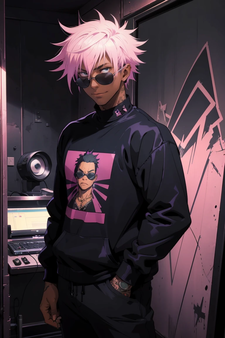 Black young man, strong man, punk clothes, cool sun glasses, punk hair, black hair, pink hair, starched hair, , piercings, tattoo, smile, Night, dark place, black man, dark blue eyes, rockstar he is wearing a tangtop and black sweatpants, hand in pants pocket,  background: room, recording studio,