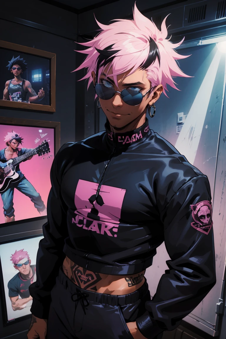 Black young man, strong man, punk clothes, cool sun glasses, punk hair, black hair, pink hair, starched hair, , piercings, tattoo, smile, Night, dark place, black man, dark blue eyes, rockstar he is wearing a tangtop and black sweatpants, hand in pants pocket,  background: room, recording studio,